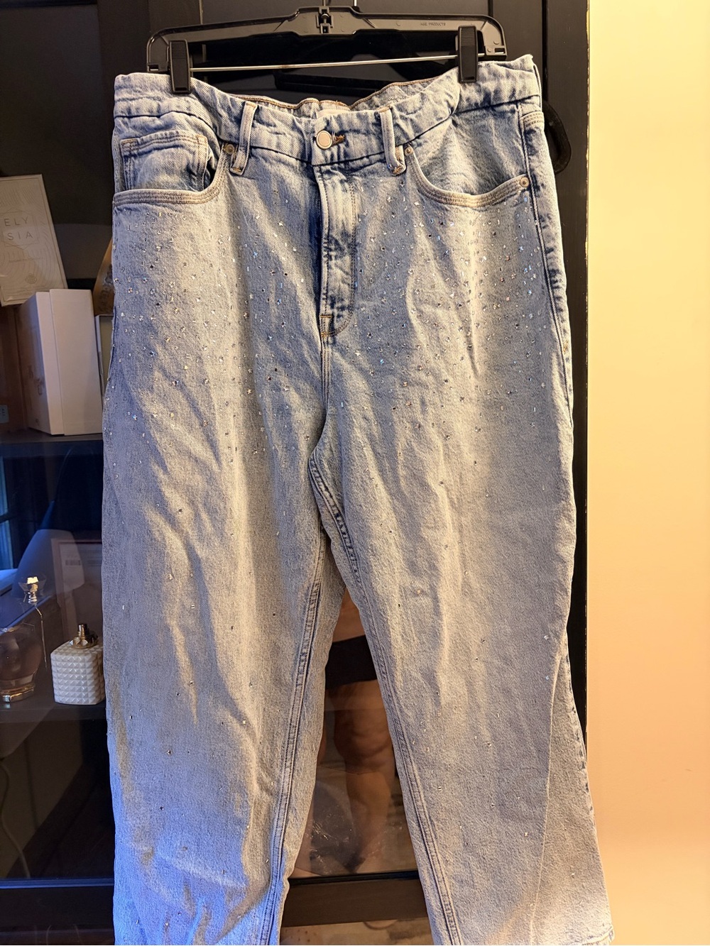 Good American Light Blue Boyfriend Jeans with Rhinestone Detail